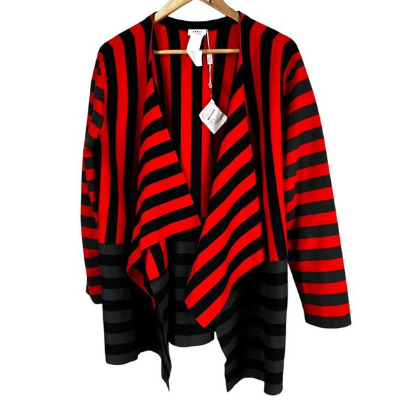 Akris Punto Red Grey Black Striped Wool Blend Cardigan Women's Size 16 NWT - Picture 1 of 7